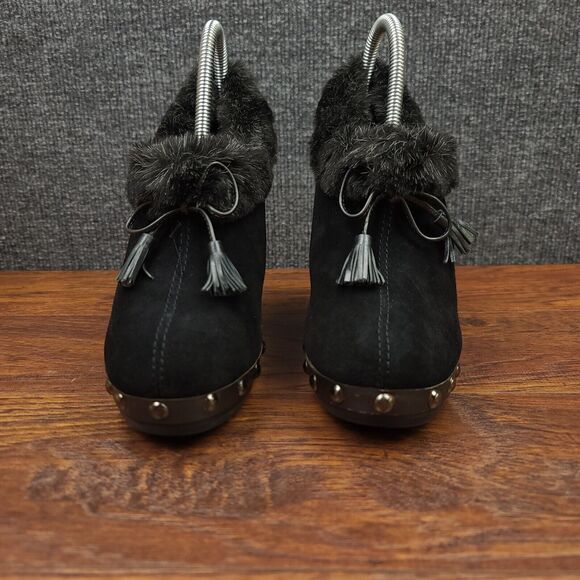 Colin Stuart Faux Fur Trim Heels Womens 8 Black Leather Fabric Studded Dress - Picture 3 of 11